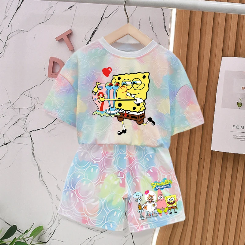 SpongeBob SquarePants Tie-dye Smlie Tees Children's Cute Short Sleeves Baby T Shirt Shorts 2pcs Boy Girl Summer Clothing Sets view 2
