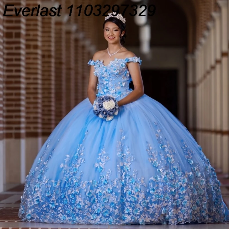 

EVLAST Customized Blue Quinceanera Dress Ball Gown 3D Floral Flower Lace Applique Beading Sweet 16 Vestidos De 15 Años TQD167