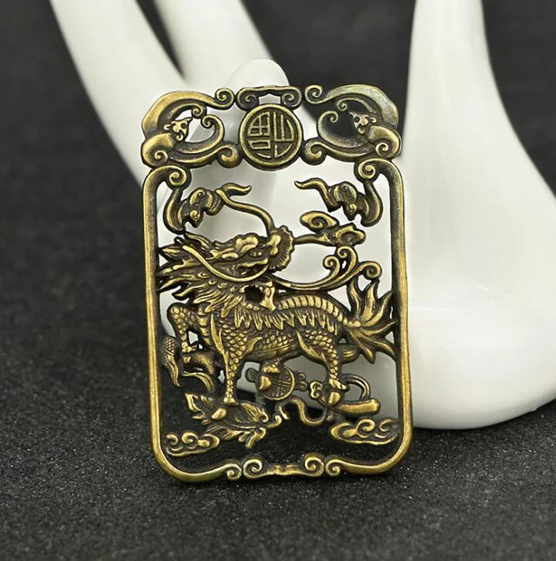 Collection Chinese Brass Carved Animal Kirin Blessing Card Exquisite Small Statues