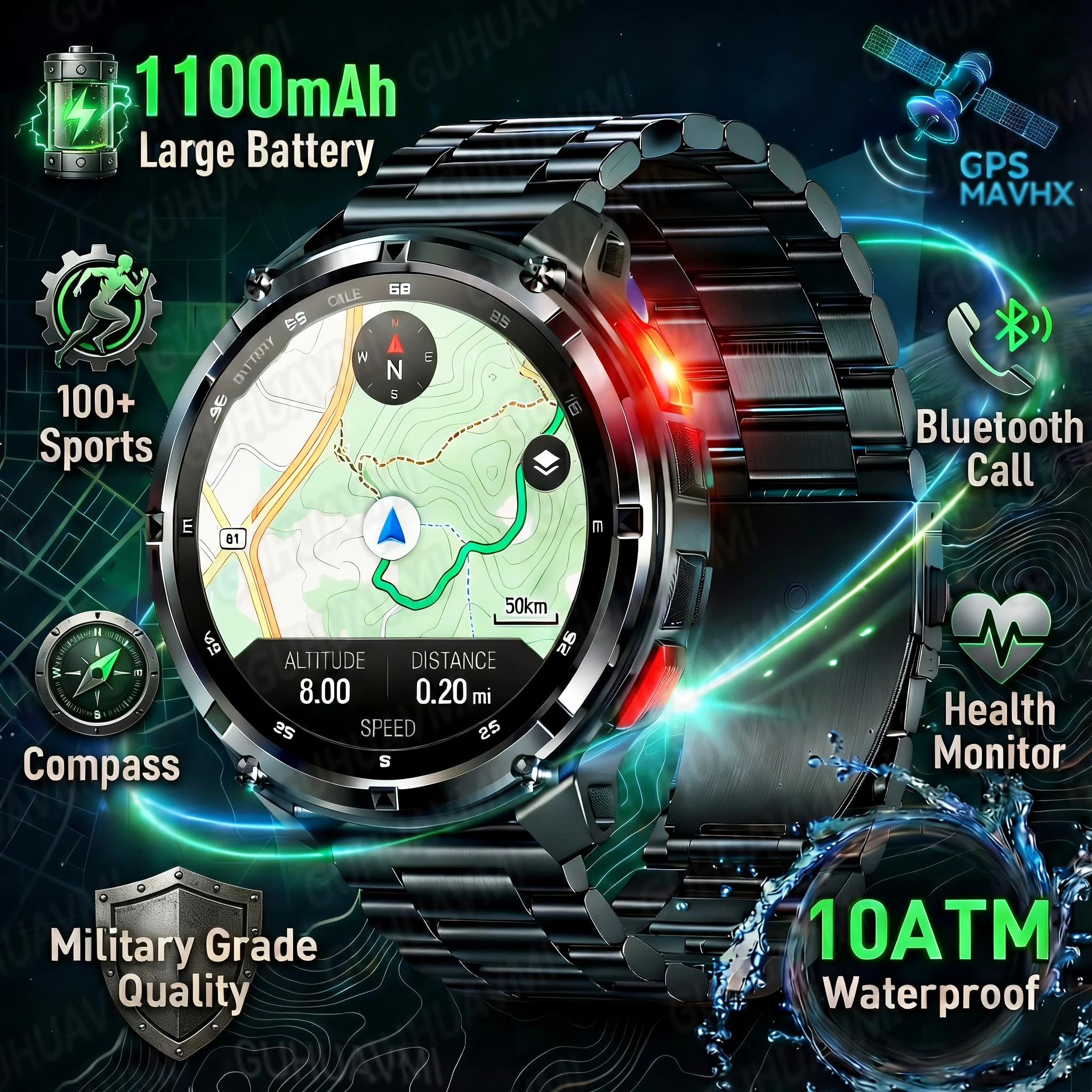 

Новые смарт-часы 2026 года военного класса с аккумулятором 1100 мАч, водонепроницаемостью 10ATM, GPS, Bluetooth-звонками, AMOLED HD-экраном для мужчин, спортивные смарт-часы