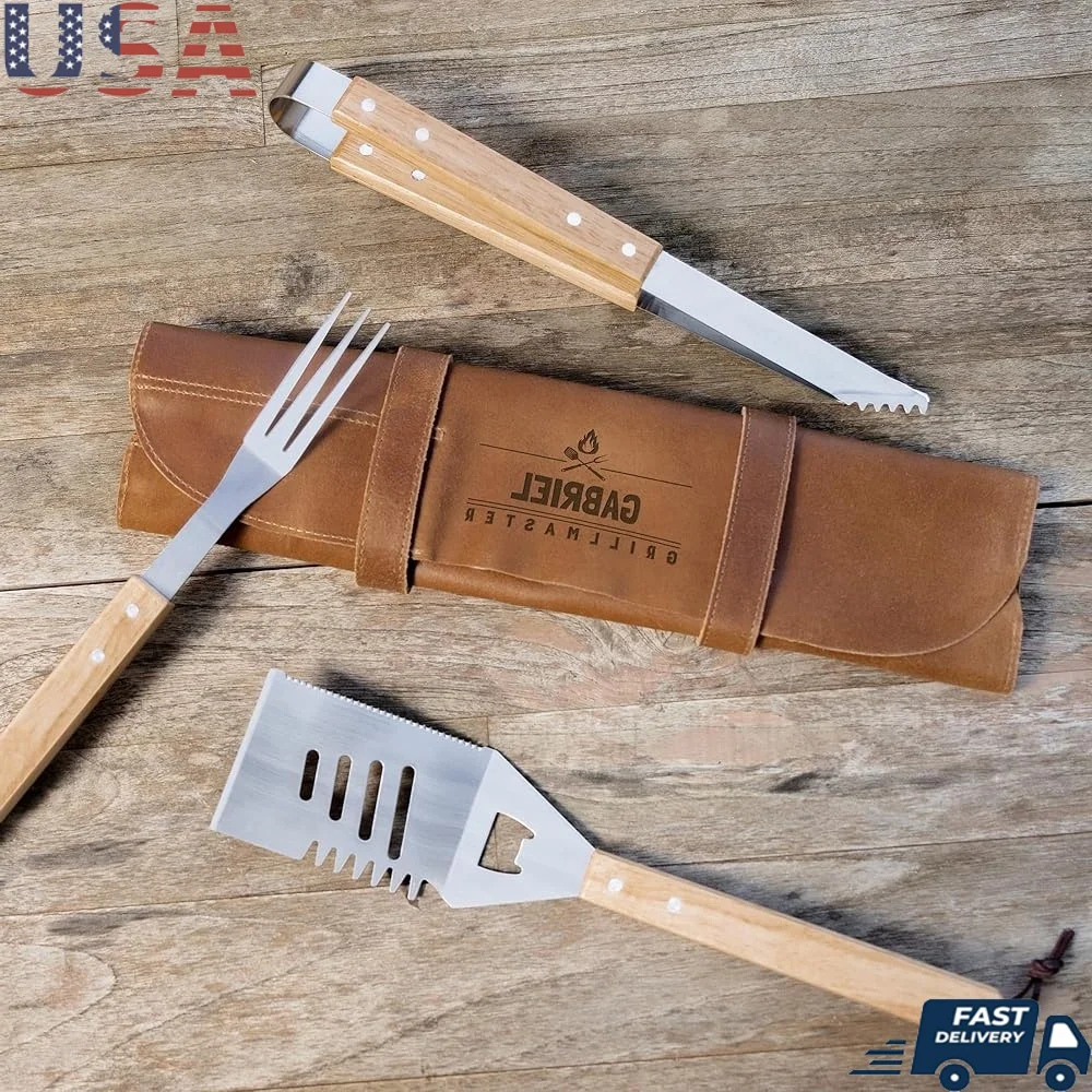 

Engraved BBQ Tool Set Buffalo Leather Cover Personalized Barbecue Accessories Stainless Steel Tools Oak Wood Handles