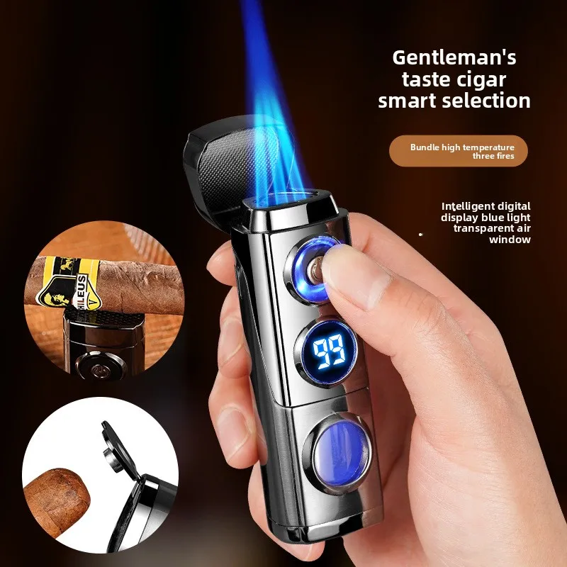 3 Jet Blue Flame Butane Gas Lighter Digital Battery Display Cigar Diamond Knife Cigarette Holder Electric Cigar Lighters