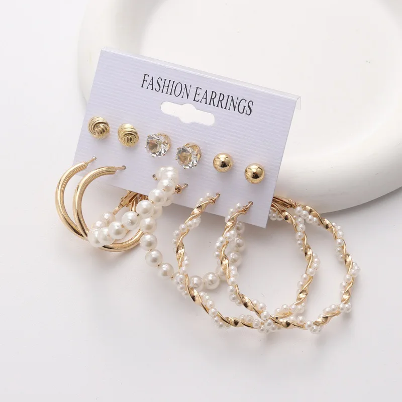 New Arrival 6 Pairs/set Women Earrings New Golden Vintage Fashion Earrings Ear Studs Hoop Earrings Imitation Pearl Earrings image 4