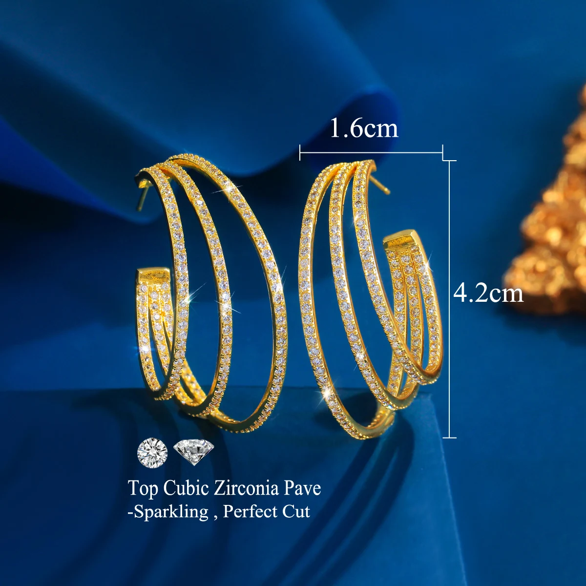 CWWZircons 3 Circle Bling Cubic Zirconia Pave Luxury Yellow Gold Color Big Round Geometric Triple Hoop Earrings for Women CZ581