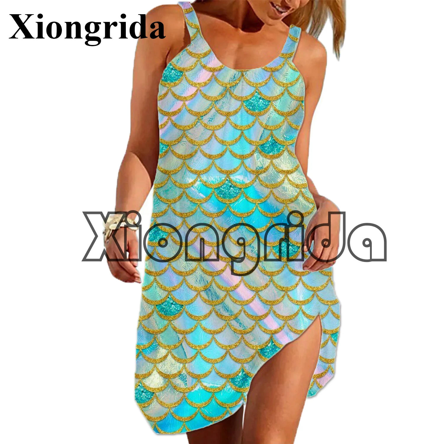 New Mermaid Dress Women Sexy Fish Scales Printed Strap Dress Sleeveless Mini A Line Dress Hawaii Tank Dress Beach Wear Homewear