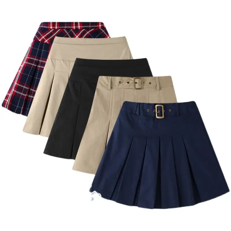 Girls' Khaki Pleated Skirt Teen Children's Class Uniform Iron Button Style Girl Student Short Dress Kids Navy Blue Half Skirts