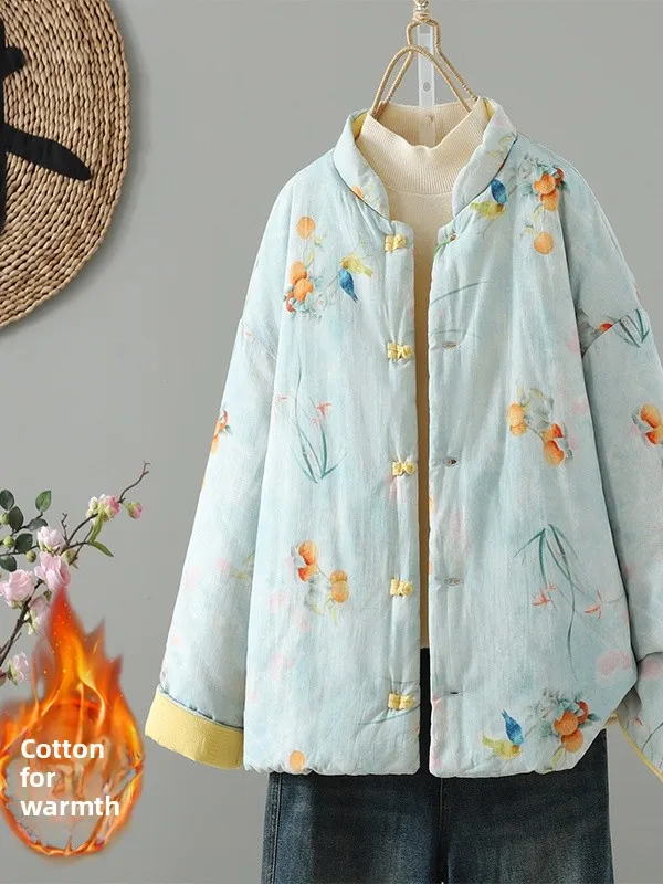 

New Brand Chinese Style Cotton Linen Embroidered Double-Sided Wear Cotton Jacket Loose Stand Collar National Style Filled