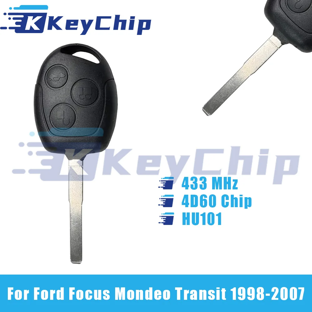 KeyChip Pro For Ford Focus Mondeo Transit 1998-2007 3 Buttons Remote Key 433 MHz 4D60 Chip HU101 Blade