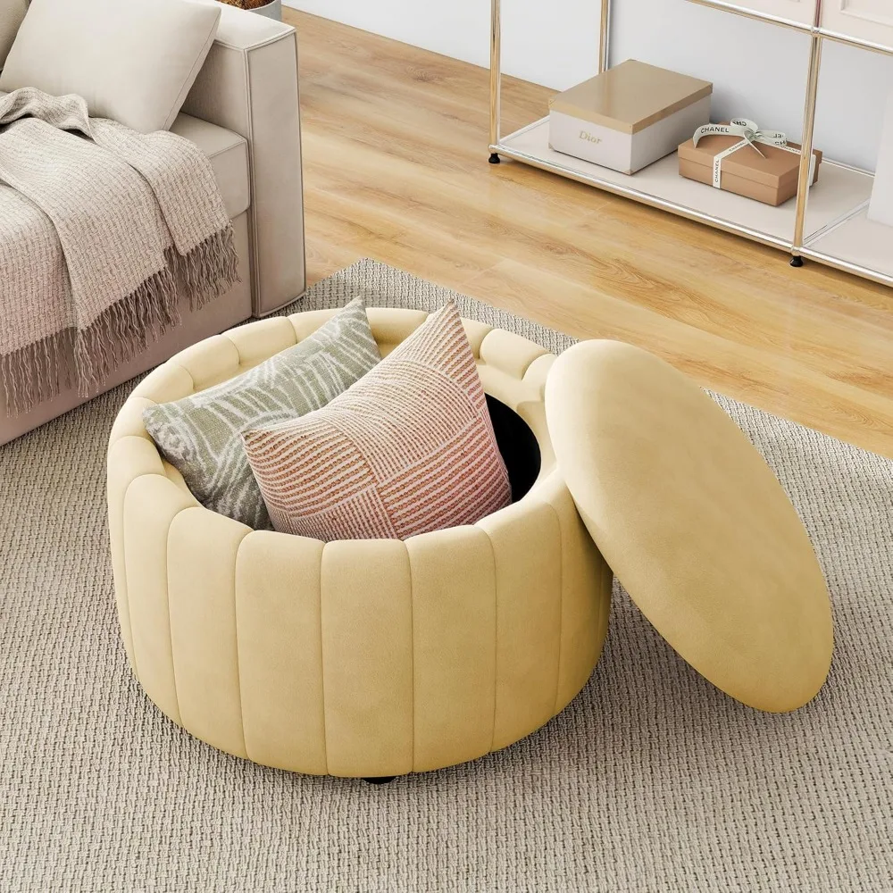 30-inch Round Velvet Ottoman with Flip Top Tray, Modern Storage Coffee Table for Living Room
