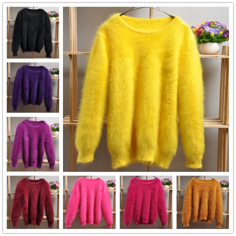 Factory clearance female women hairy real mink cashmere knitted long sleeves slim blouses pullover angora fur jumper sweater top