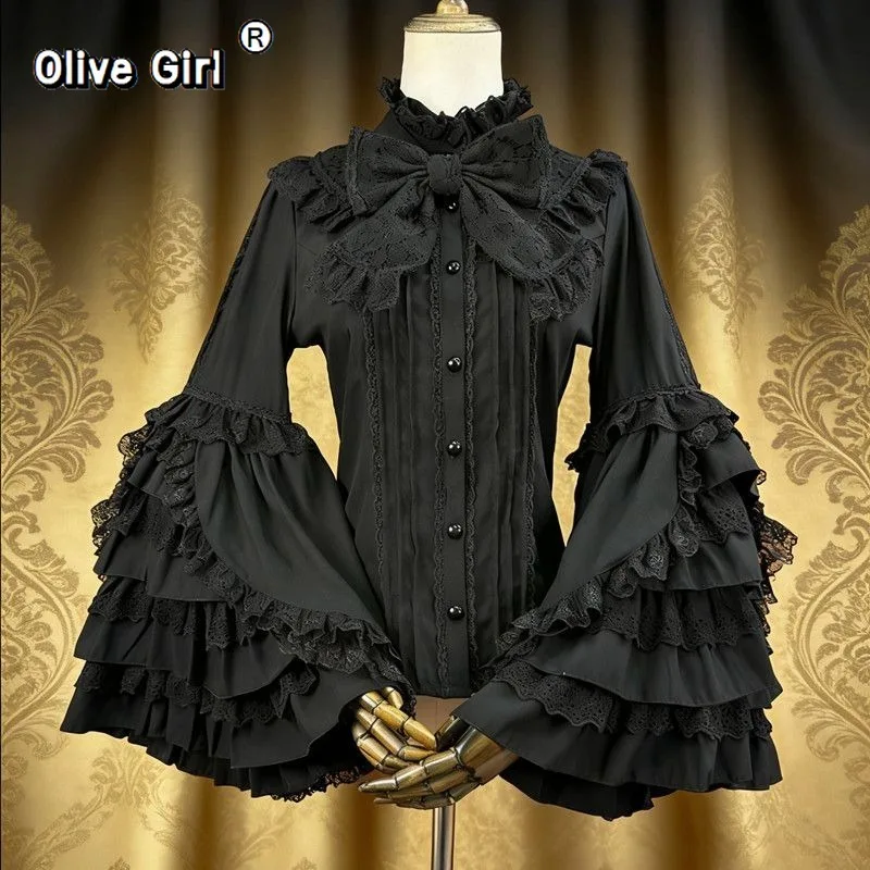 Olivegirl Victorian Vintage Gothic Lolita Shirt Women Elegant Lace Ruffles Flare Long Sleeve Blouse Y2k Aesthetic Girl Punk Tops