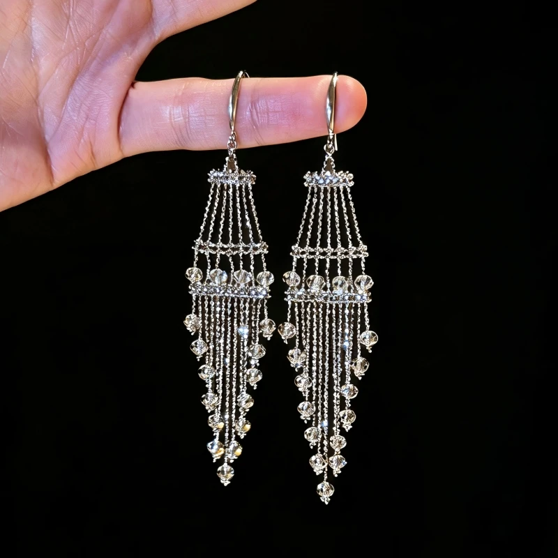 

Bellux Italian lace blue and white crystal tassel earrings 925 silver plated k gold earrings elegant and beautiful Earrings