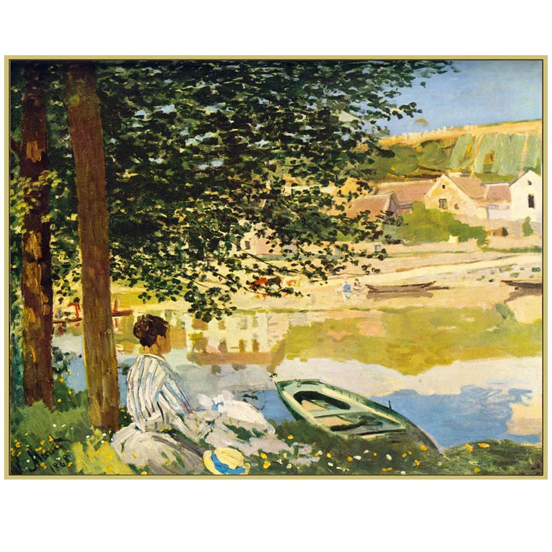 

Hand-Painted High-Quality Reproduction 'On the Bank of the Seine Bennecourt' Landscape Oil Painting on Canvas by Claude Monet