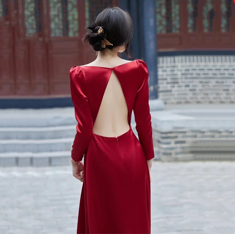 

Элегантное длинное свадебное платье для невесты, осеннее, для помолвки, вечернее, красное, с А-образной юбкой, на молнии