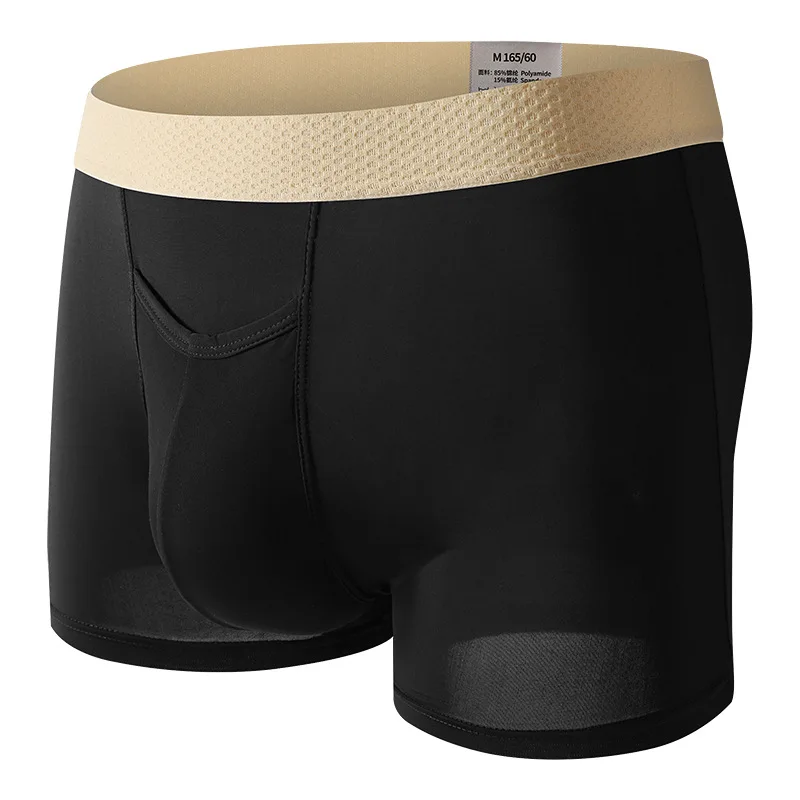 الحرير الجليد رقيقة جدا الرجال الملابس الداخلية واسعة حزام تنفس مثير سراويل بوكسر منفصلة القضيب الحقيبة التجفيف السريع الرجال سراويل