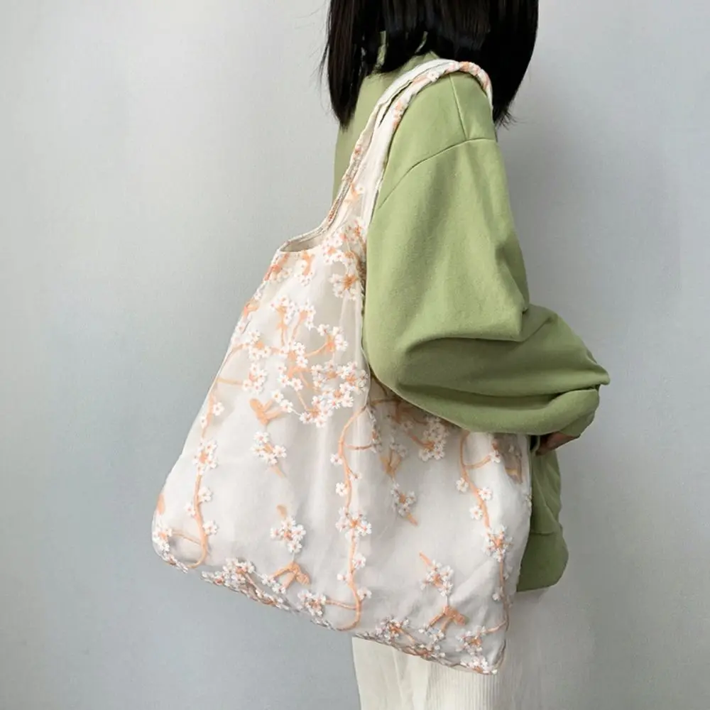 

Portable Flower Embroidery Shoulder Bag Mesh Ancient Style Lace Handbag Storage Bag Chinese Style Canvas Tote Bag Ladies/Girls