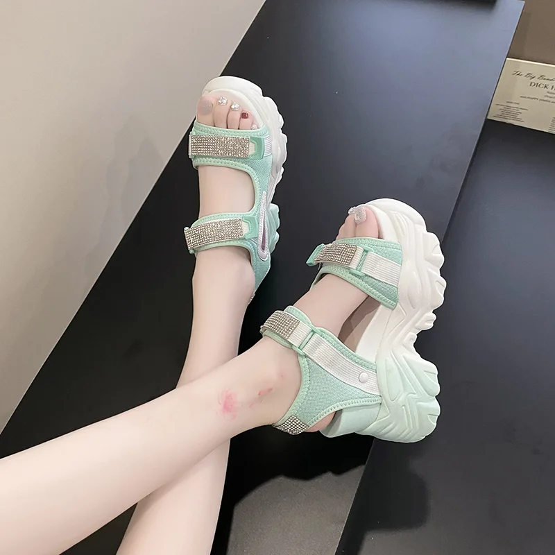 Women Bling Chunky Sandals Summer Designers Open Toe Hook Loop Shoes 10CM High Heels Mesh Sandals Casual Woman Wedges Sneakers