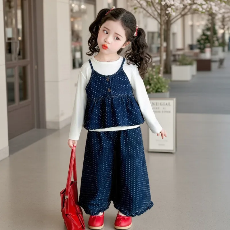 2026 New Style Little Girl's Trendy Polka Dot Tank Top, Denim Pants, Children's Spring and Autumn Casual Three Piece Set