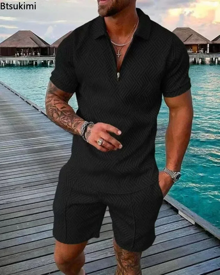 New 2024 Men\'s Polo Suit Fashion Men Sets Solid Summer V-neck Zipper Short Sleeve POLO Shirt+Shorts Two Pieces Men Casual Suit