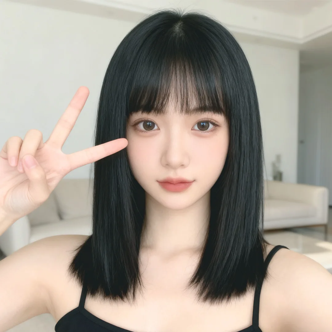 Mid-length straight hair black synthetic wig - Halloween party cosplay role-playing wig - High-quality silk daily wig set