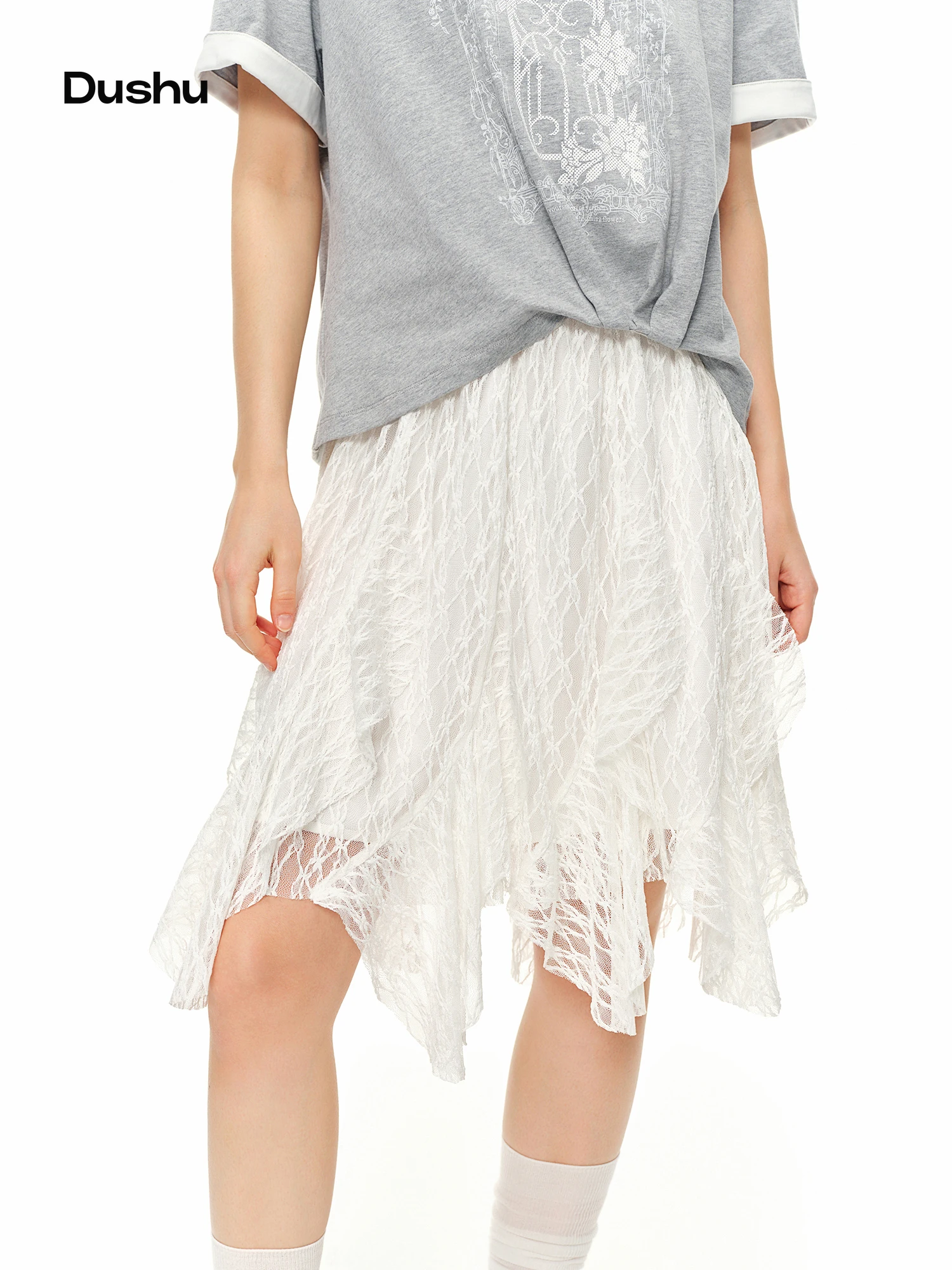 

DUSHU 2026 Новая летняя женская асимметричная кружевная юбка миди с высокой талией, А-силуэт, для офиса, шикарная, повседневная, универсальная, в уличном стиле