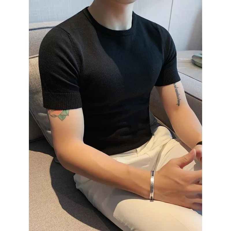 Crew Neck Sweater Slim-Fit Korean Knitted Short-sleeved Bottoming Graphic Jumper Men Clothes Camisas Masculina Versatile T-shirt