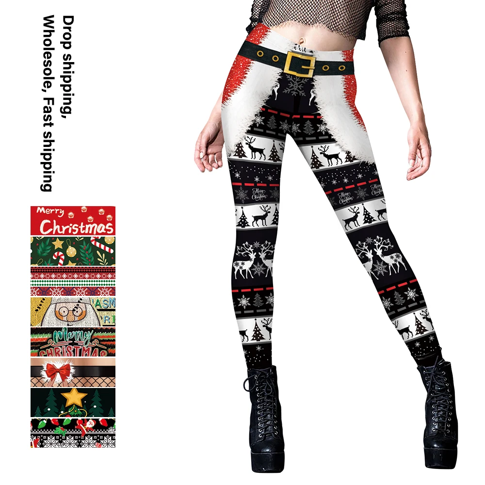 

VIP FASHION Christmas Belt 3D Stripe Elk Snowflakes Printed Sexy High Waist Skinny Pants Festival Legging Xmas Trousers