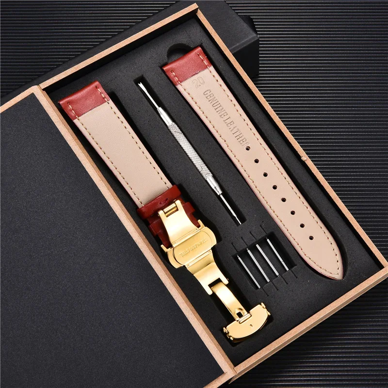 Genuine Leather Watchbands 16mm 18mm 20mm 22mm 24mm Universal Watch Butterfly Buckle Band Steel Buckle Strap Watch Band With Box