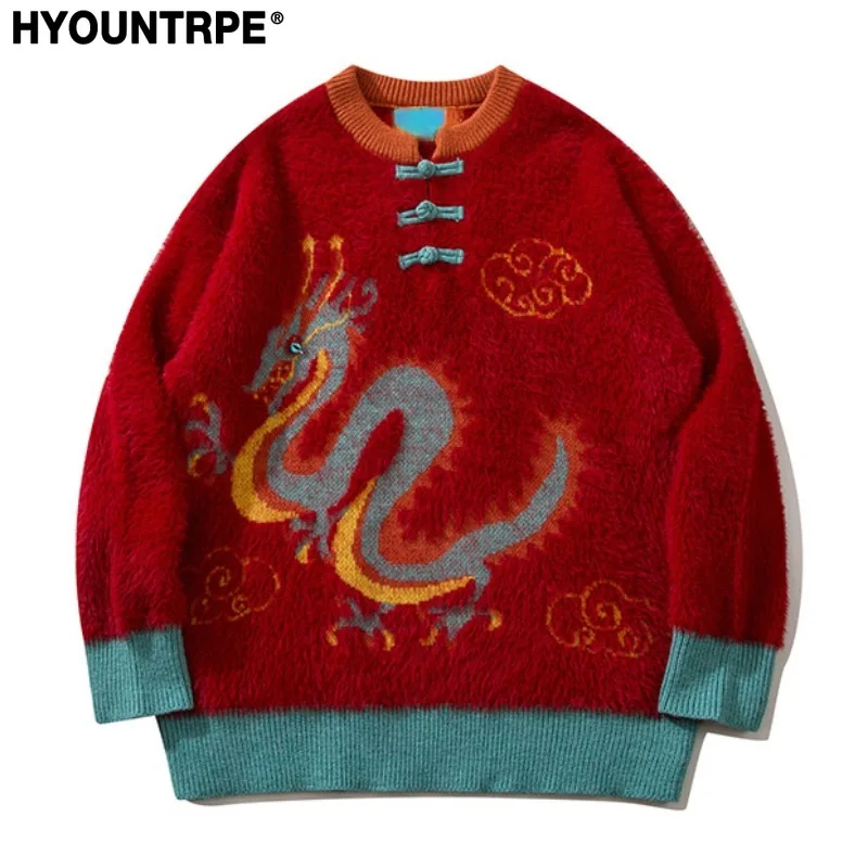 Hip Hop Knitted Sweater Unisex New Year Chinese Tie Dragon Pattern Pullover Streetwear Casual Loose Sweater Warm Jumper Knitwear