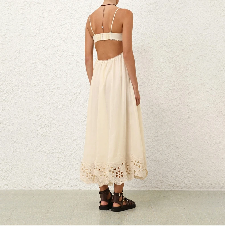

New 2025 Ramie High Quality Beige Sleeveless Embroidery Cut Out Backless Midi Strapless Dress