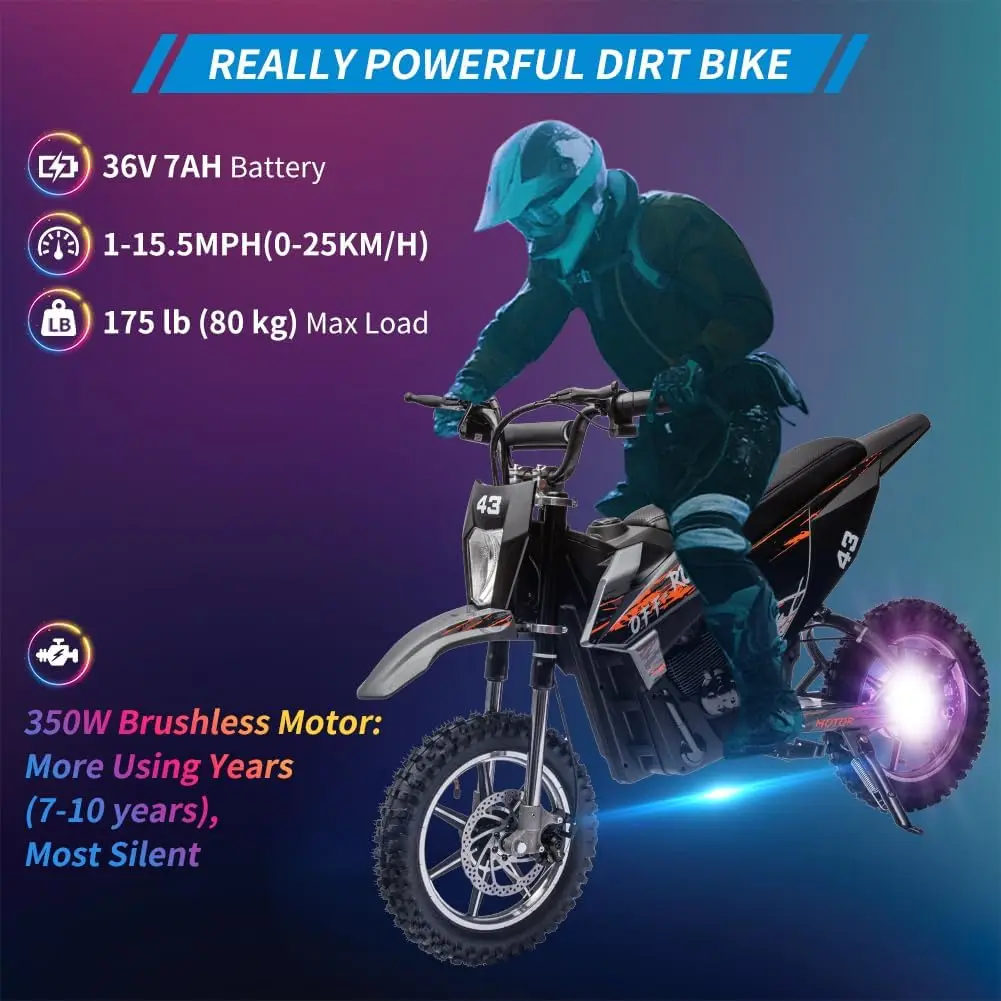 36V Electric Dirt Bike, Ride on Motorcycle 350W Motor Fast Speed 15.5MPH with LED Headlight, Leather Seat,Front+Back Brake