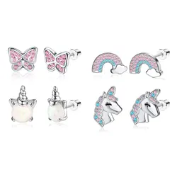Butterfly Inset with Pink Zircon, Unicorn, Rainbow Color, Stainless Steel, Back Spiral, 4 Pairs