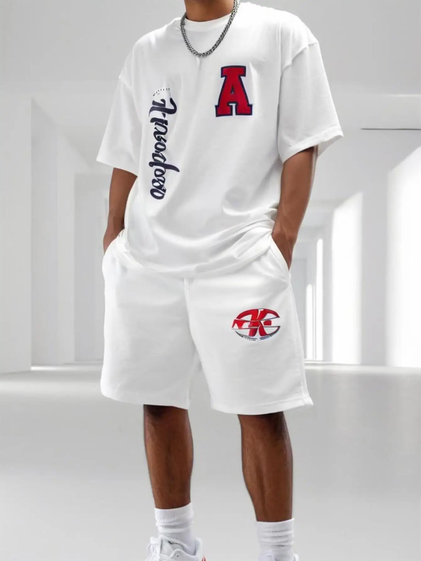 

Hot selling summer men's letter printed comfortable and breathable round neck T-shirt shorts set outdoor high street clothing