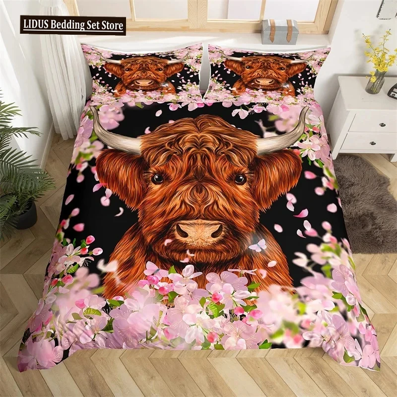 

Highland Cow Bedding Set Polyester Bull Cattle Flowers Quilt Cover Western Wild Animal Duvet Cover Farmhouse Cow Bedspread Cover