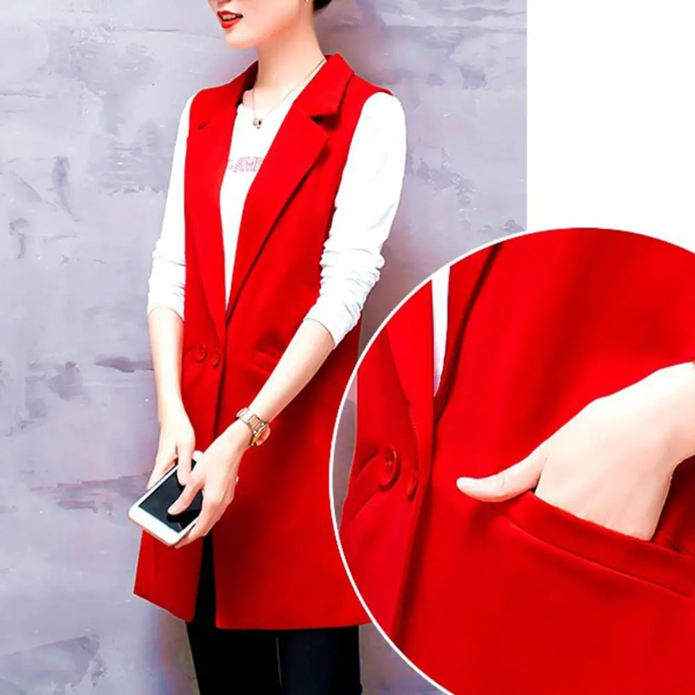 Warm Waistcoat Elegant Sleeveless Women's Suit Coat Mid-length Lapel Jacket with Thin Pockets Formal Ol Commute Style for Women