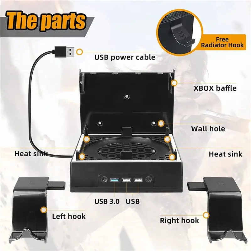 CANING- Wall Mount for Xbox Series X with Cooling Fan and 3 USB Port Game Controller Holder Headphone Hanger Wall Shelf Bracket
