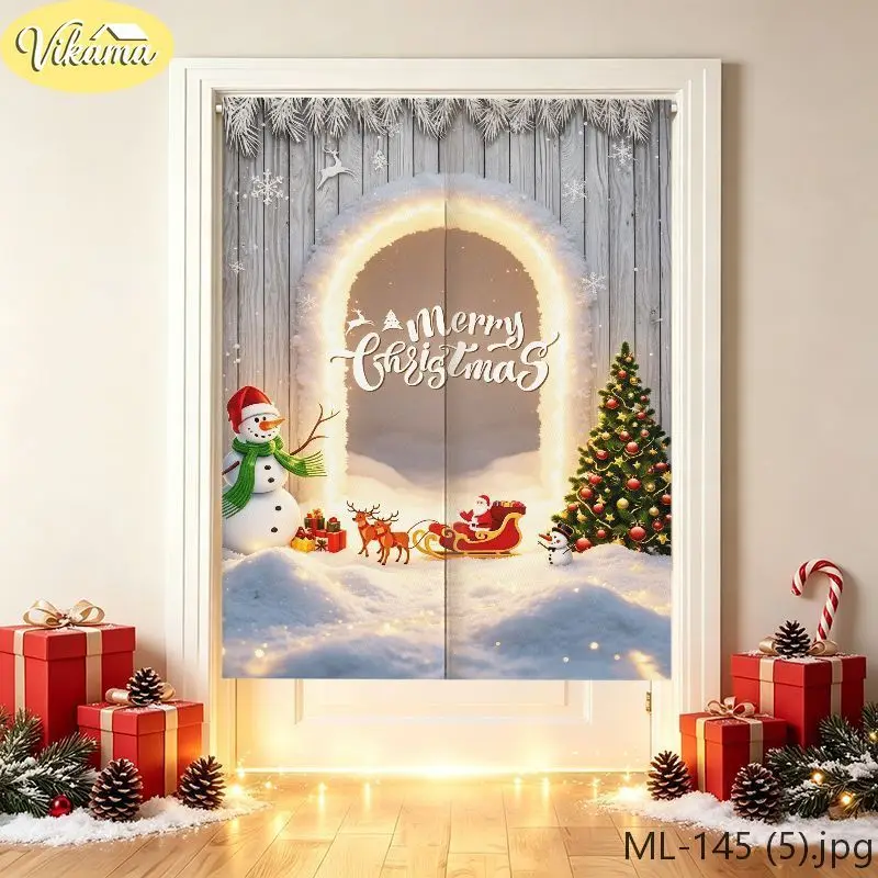 Snow Scene Christmas Door Curtain Santa Claus Truck Design Hanging Door Cover Holiday Home Decor Winter Xmas New Year Navidad