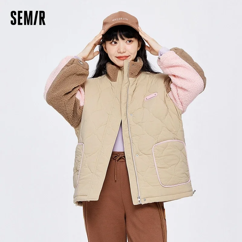 Semir Cotton Coat Women Mid-Length Spliced Imitation Lamb Wool 2023 Winter New Loose Color-Blocked Thick Cotton Coat