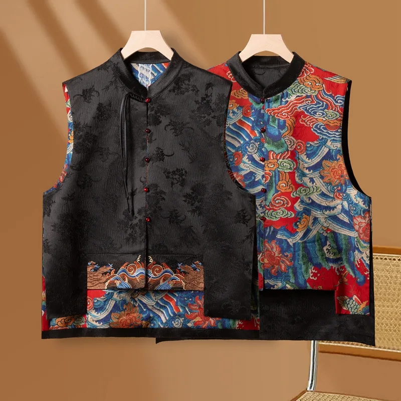 Double-Sided Top Vintage Button Ethnic Jacket New Chinese Style Vest Coat Traditional Loose Casual Top Plus Size 3XL 4XL 5XL