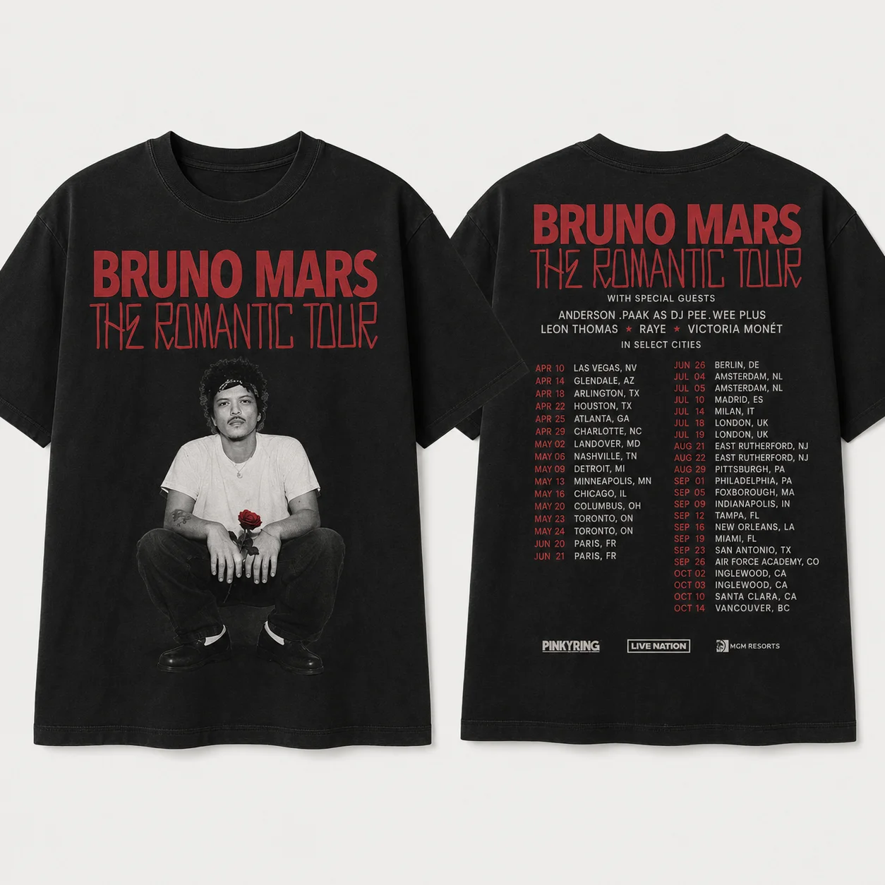 Bruno Mars The Romantic Tour T-Shirt Konzert-Merchandise Doppelseitiges Grafik-T-Shirt Kurzarm Casual Fan-Top – Detail 6