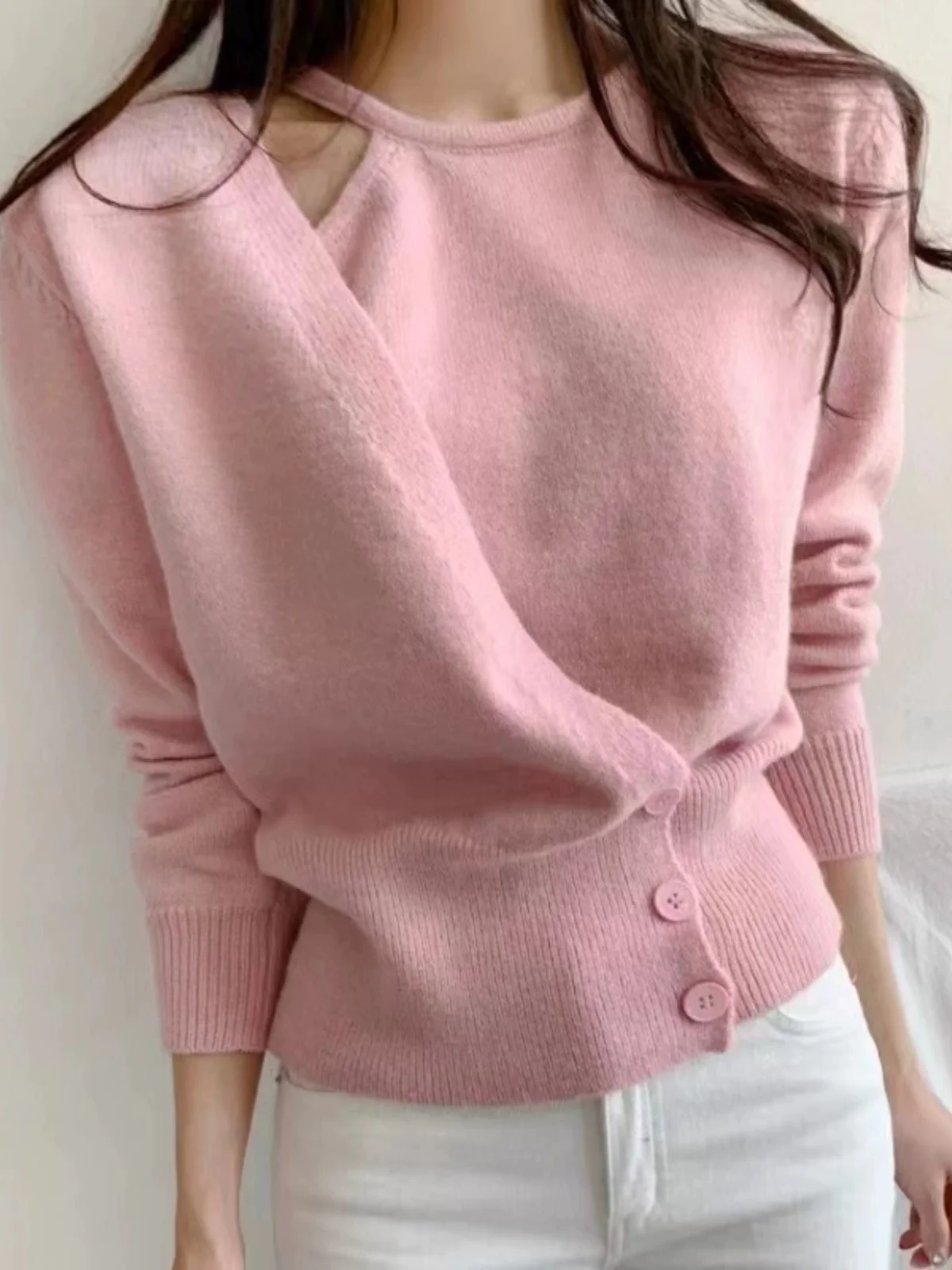 

Ele, весенне-осенний вязаный длинный свитер свека, женская футболка с застежкой на талии и пуговицами, утягивающий шикарный свитер для поездок на работу