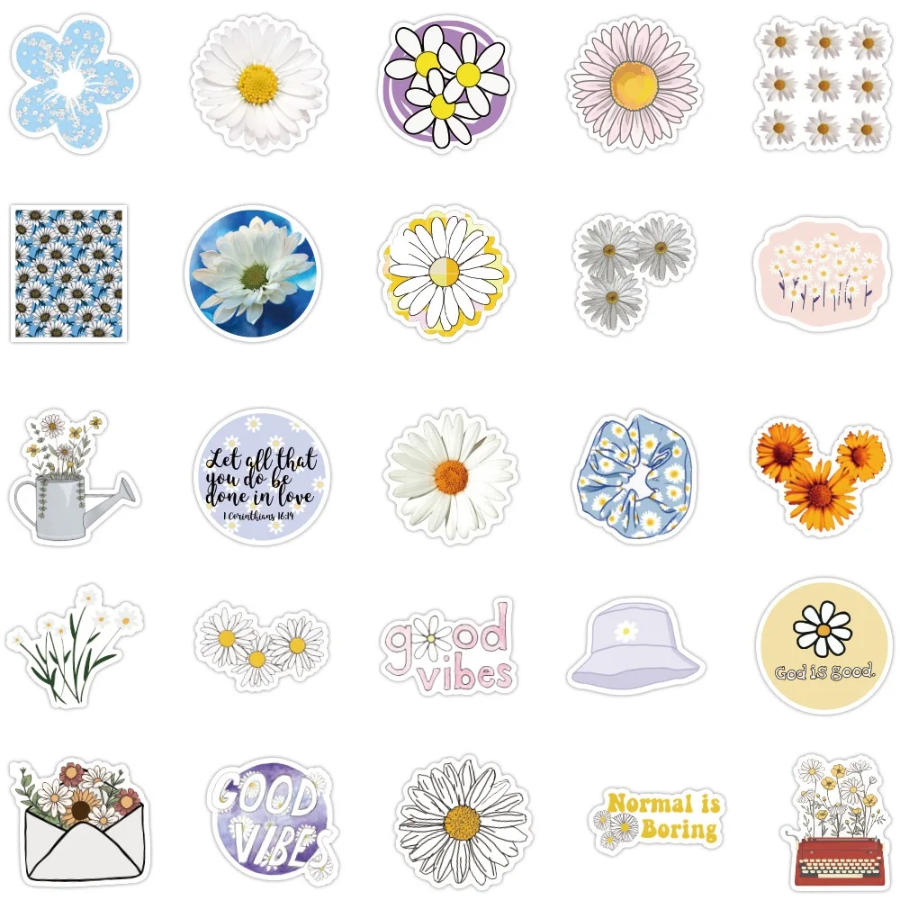 50pcs Aesthetic Daisy Flower Stickers Laptop Pad Phone Case Luggage Guitar Fridge Scrapbooking Graffiti Vinyl Sticker Gift Toy