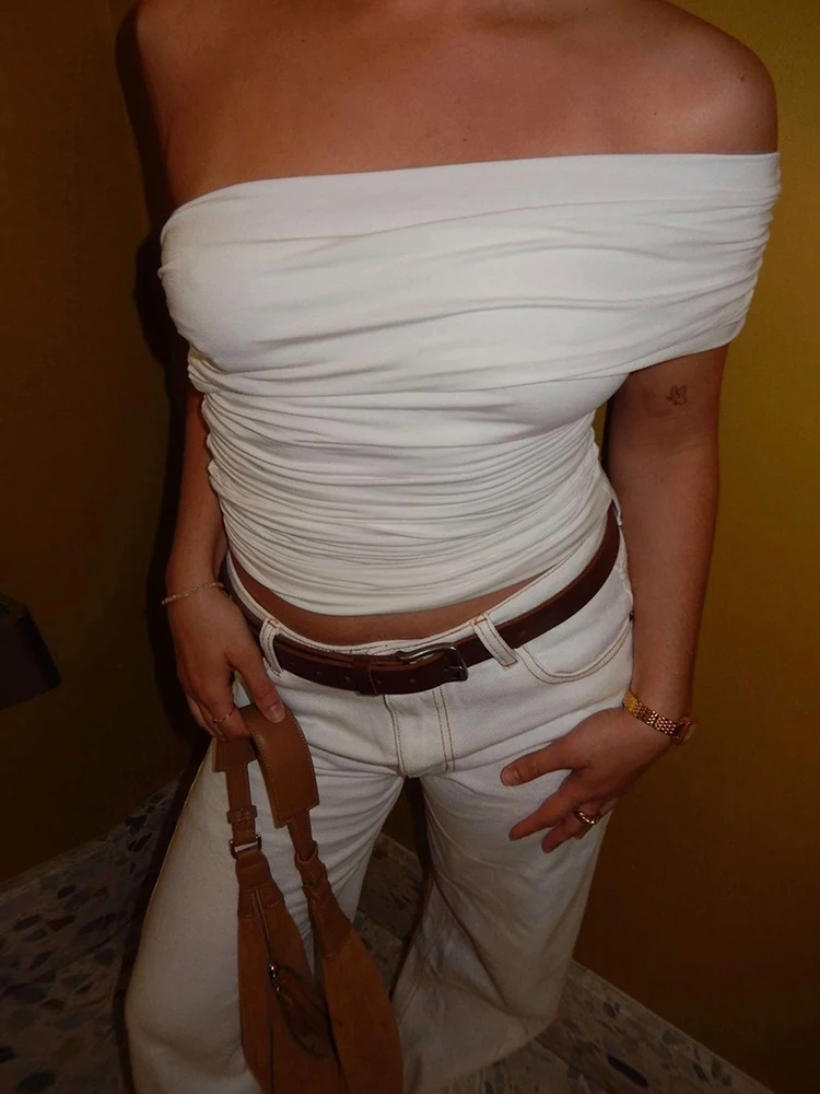 

InGrily Daily Slanted Shoulders t-Shirts Women Folds Skinny Elegant Temperament Summer Trend Commute Versatile Solid Classic Top