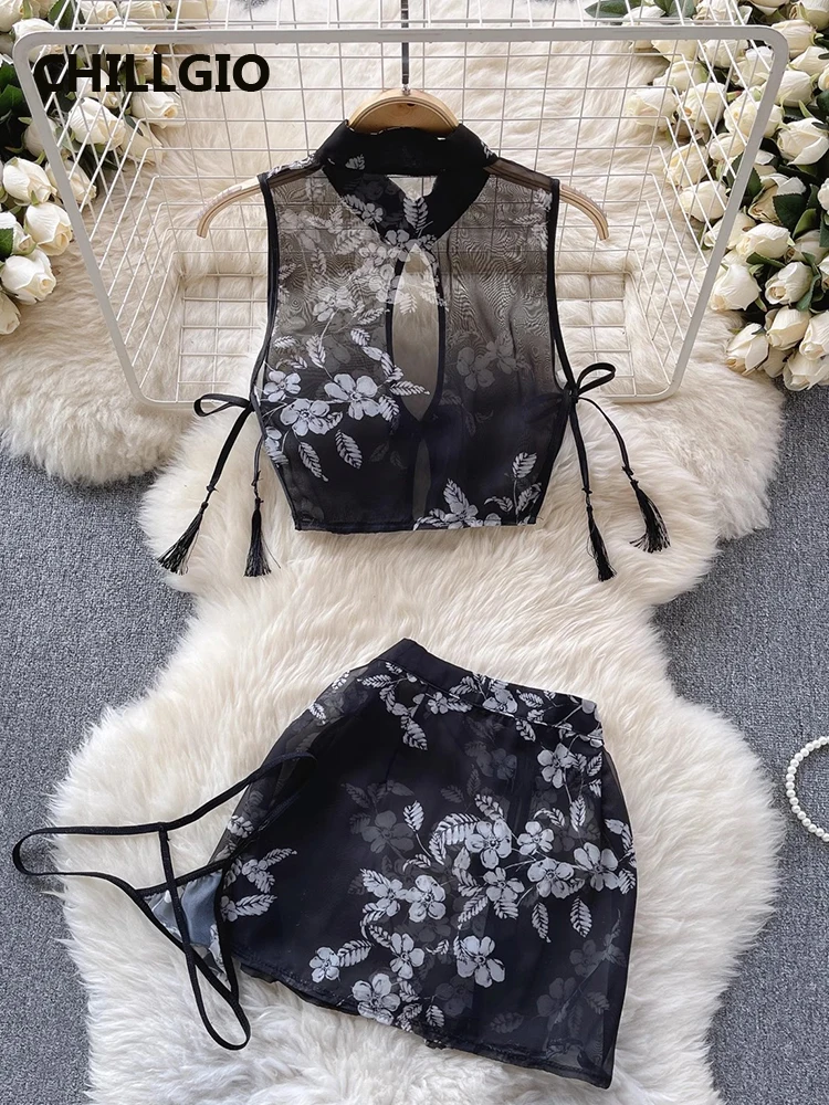 CHILLGIO Women Floral Print Skirt Suits Sexy Fashion Sleeveless Tank Tops Split Skirt Vintage Cheongsam Transparent Pajamas Sets