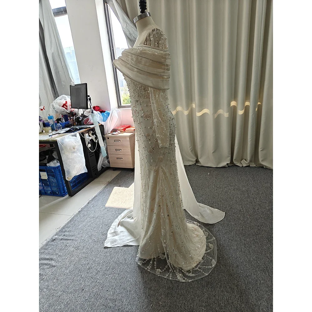 Customized Luxury Nude Crystal Mermaid Evening Dress with Overskirt Long Sleeves Dubai Arabic Wedding Formal Prom Gowns