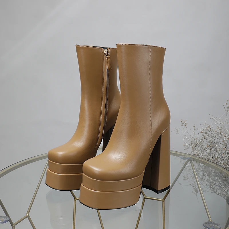 

2024Women's Ankle Boots Platform Square High Heels Women's Genuine Leather Side Zipper Thick Heels Women'sBoots Sexy Party Brand