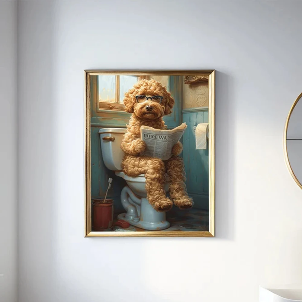 Modern Goldendoodle On Toilet Wall Art Canvas Funny Painting Gift Posters For Living Room Bathroom Home Decor