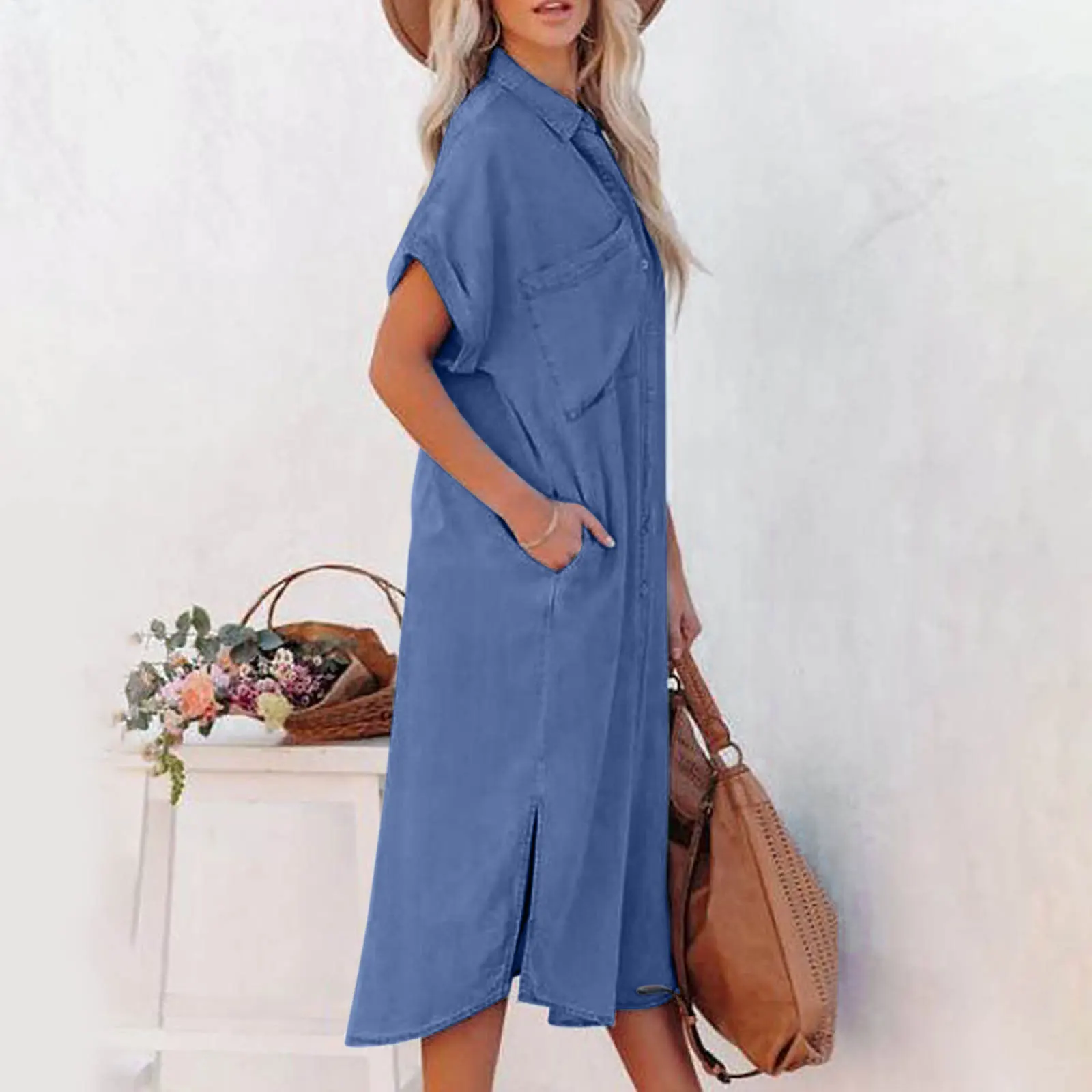 Casual damesjurk effen kleur losse mode dagelijks woon-werkverkeer stijl korte mouwen lange single-breasted zak split overhemdjurk