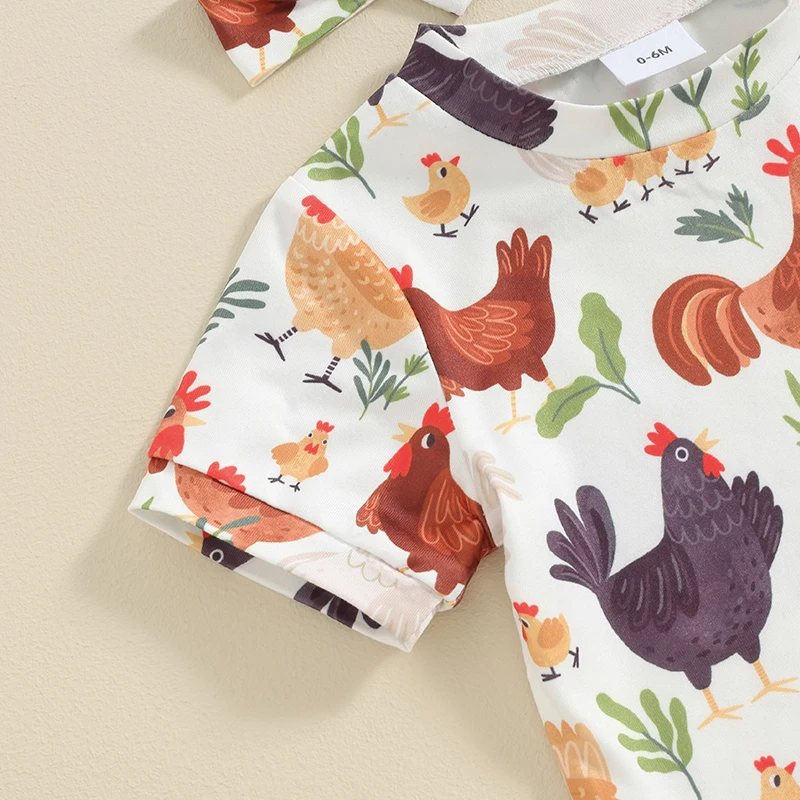 Newborn Baby Girl Summer Outfits Free Range Chicken Print Short Sleeve T Shirt Shorts Set Toddler Farm Clothes