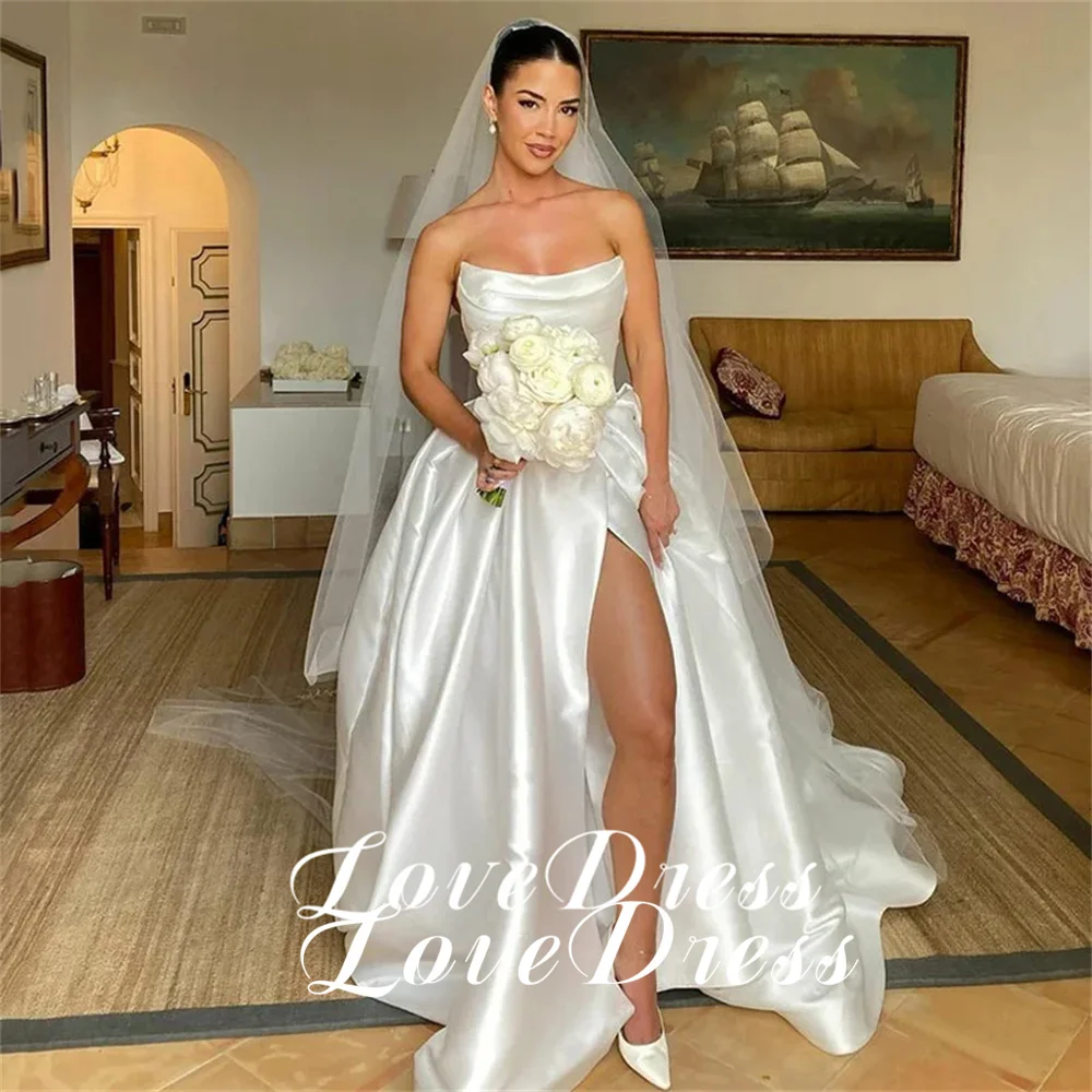 Customized Simple Stain Strapless Pleats A-Line High Side Slit Wedding Dress Pastoral Sleeveless Boat Neck Backless Lace Up 2025